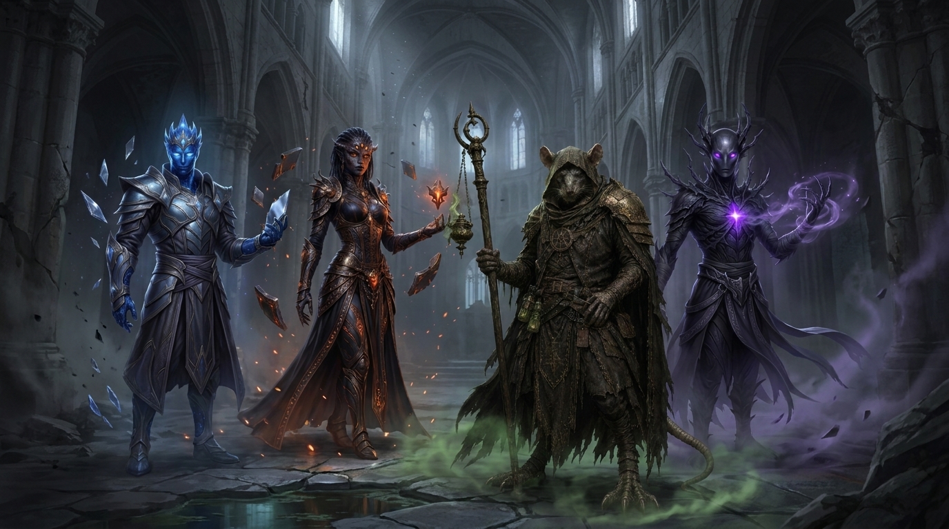 The first four revealed classes standing within a ruined cathedral