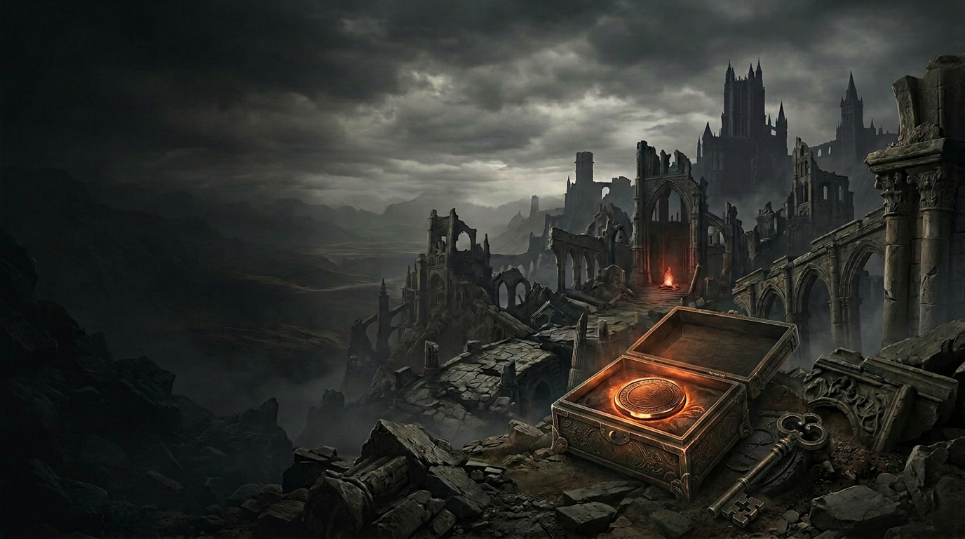 An open ownership reliquary overlooking a ruined world where one ember continues to burn