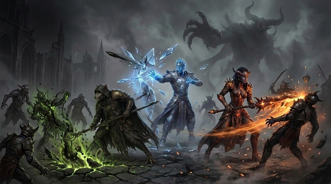 Plague Lord, Mirror Mage and Starforger fighting together against corrupted enemies