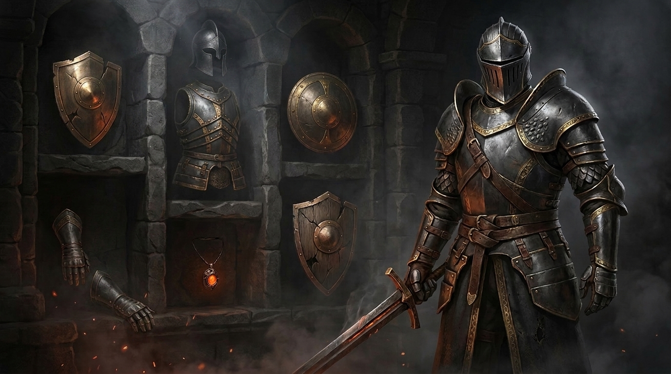 A fully equipped warrior beside a progression of armor pieces and damaged equipment