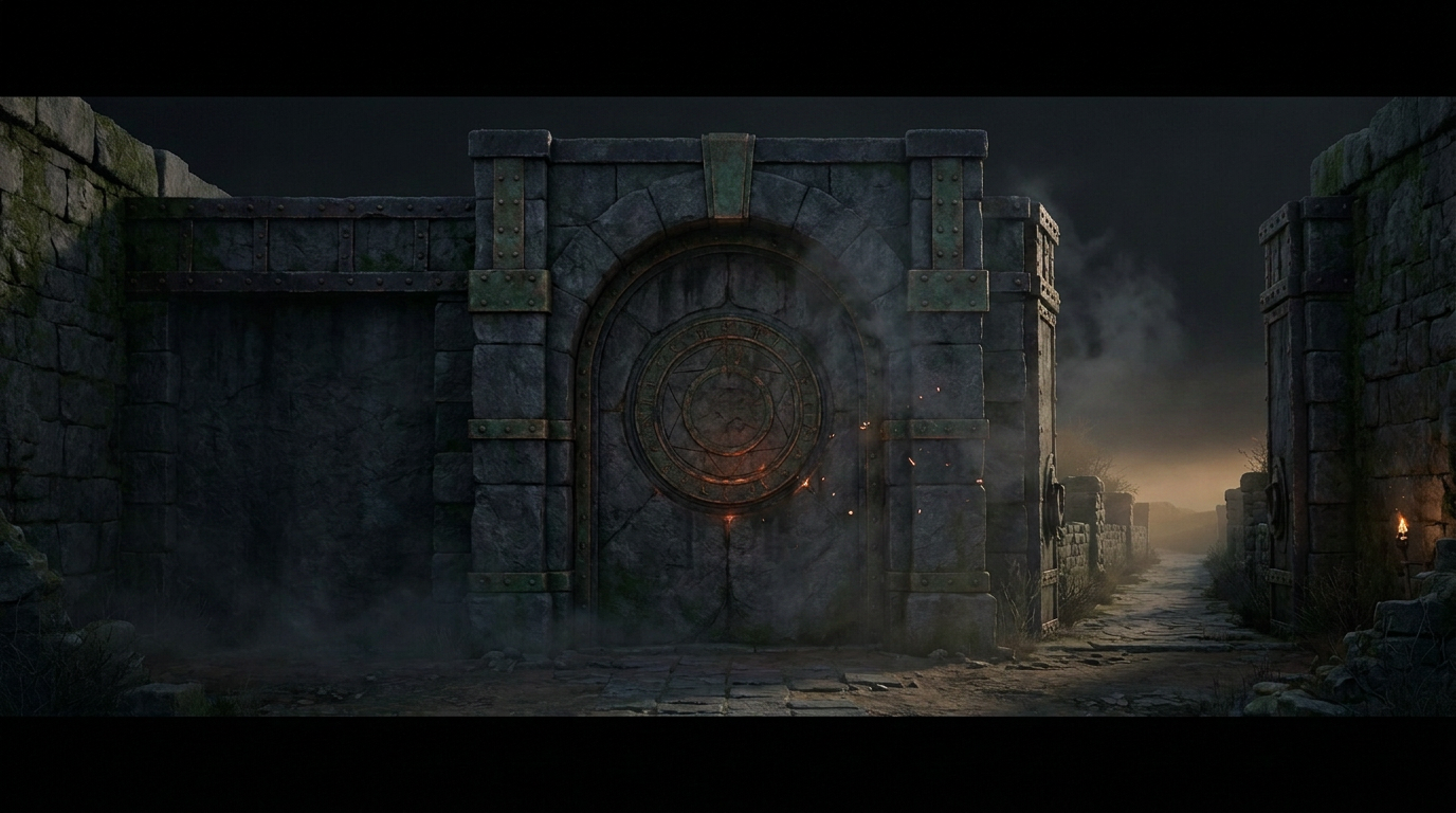 A fortified ancient gateway with a separate road continuing into the distance
