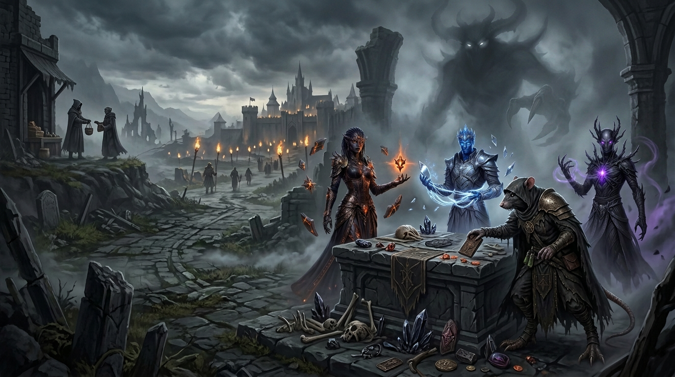 Four Yashariel classes contributing items to summon a world boss near a shared settlement