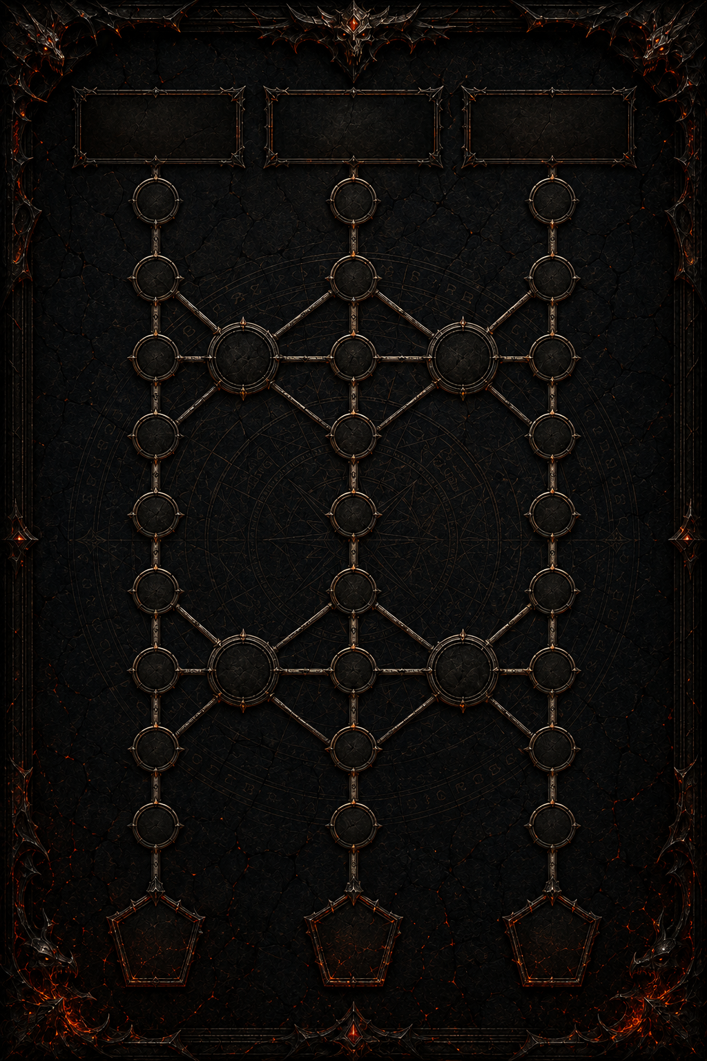 An empty three-path Yashariel talent tree interface