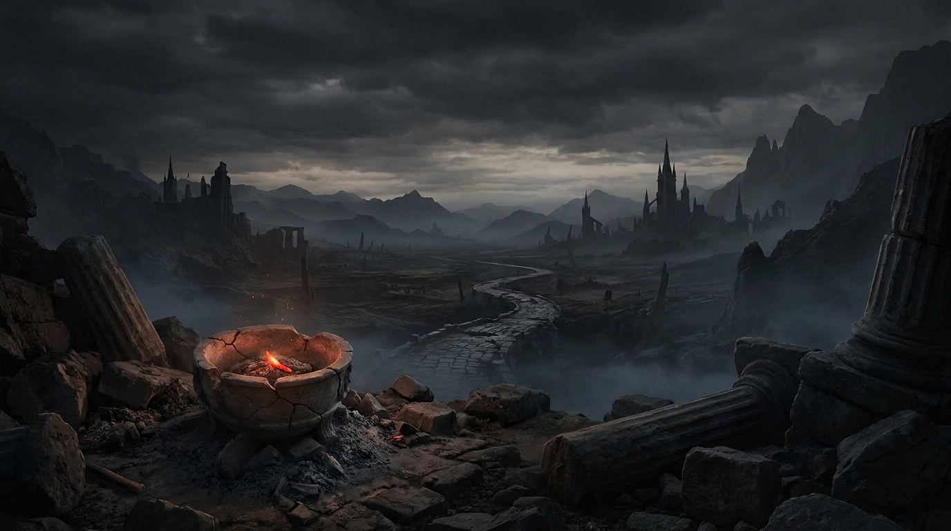 A single ember burning in a vast abandoned landscape