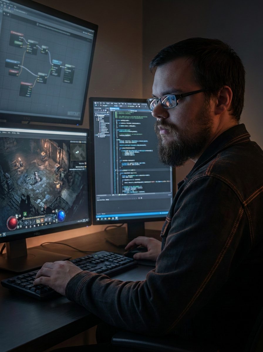 Rene working at a game development workstation with code, system graphs and a gameplay build.