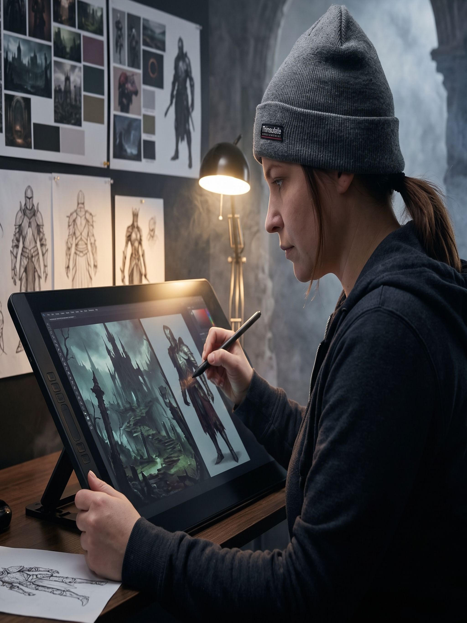 Sina creating dark fantasy environment and character concepts at a graphic tablet.