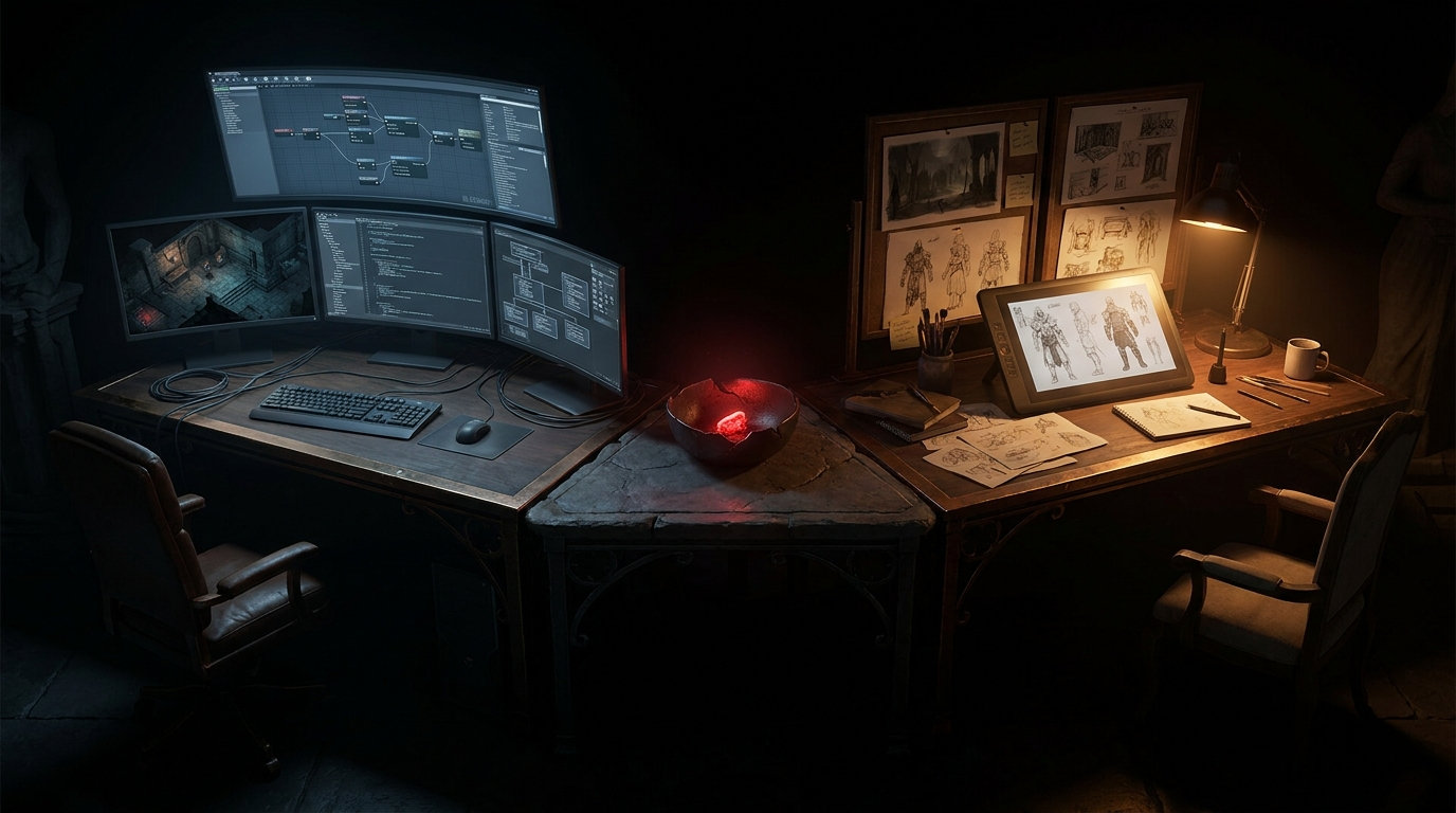 Two night workspaces, one technical and one creative, connected by a small glowing ember.
