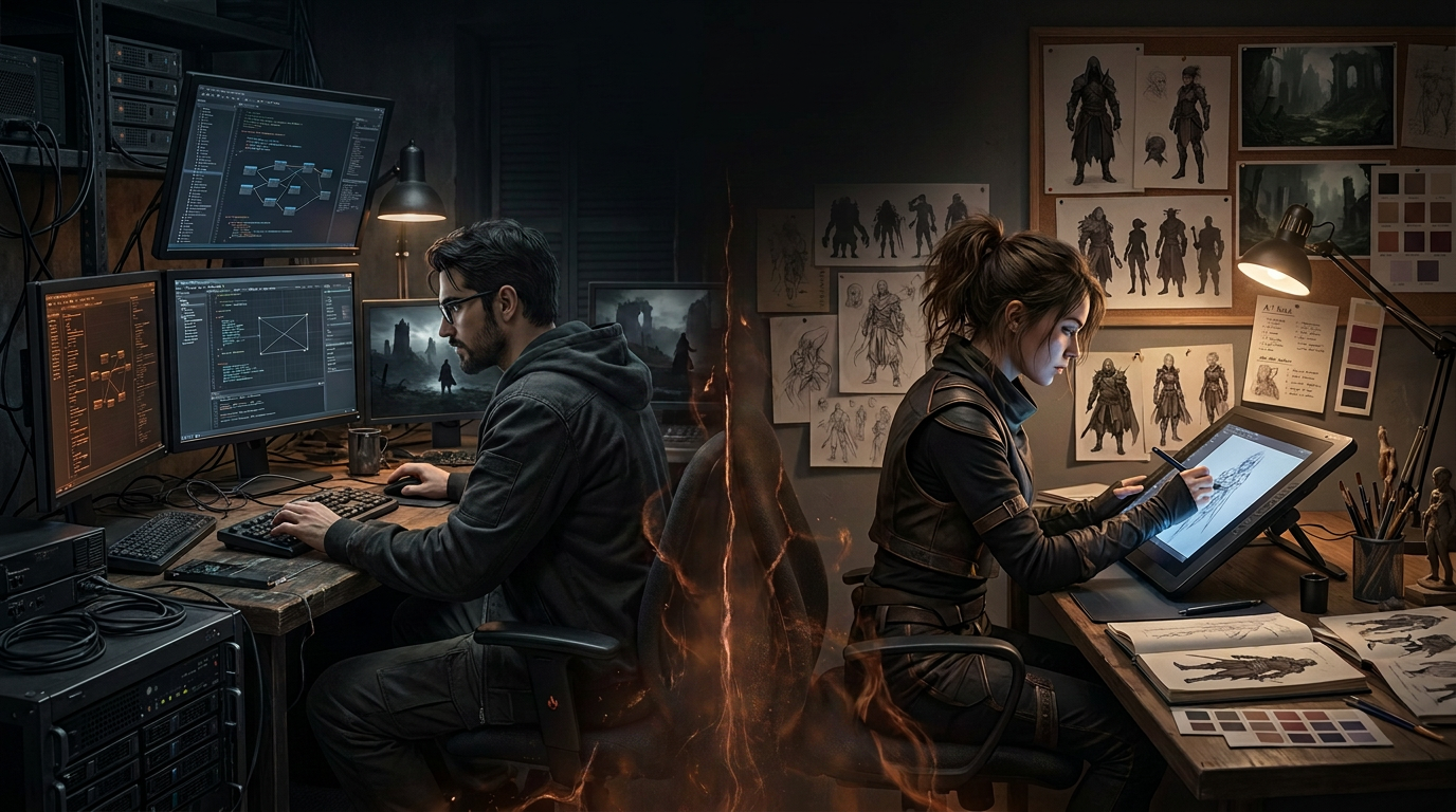 A technical development workspace and a creative design workspace connected by a glowing ember.