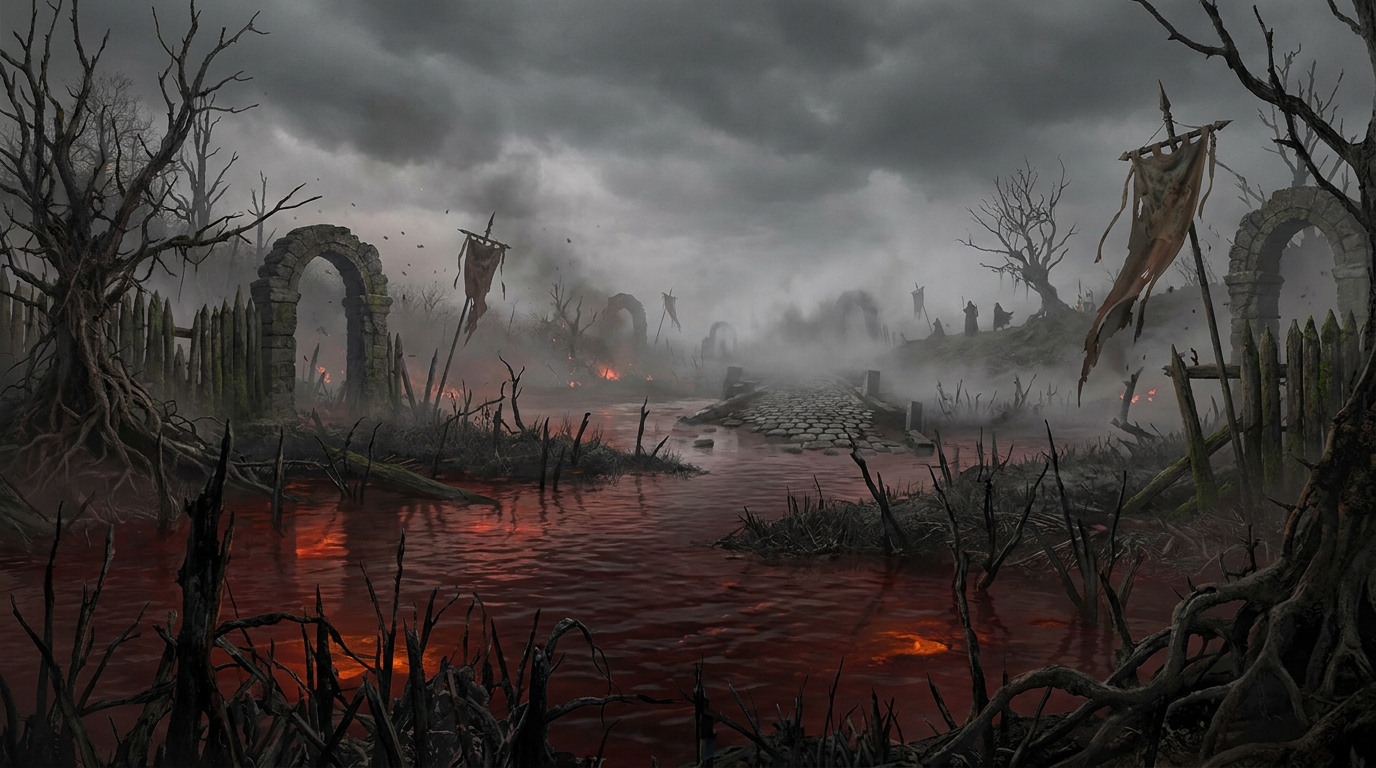 Dark red waters and sunken banners in Bloodmoor