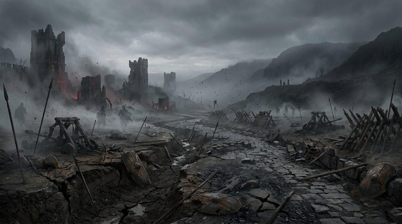 Broken weapons and distant echoes across the Forgotten Battlefield