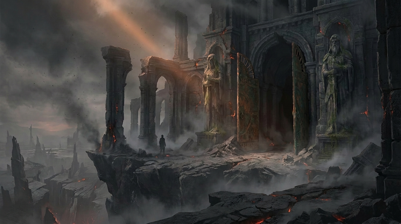 A lone figure overlooking the ruined highlands of Arandresia
