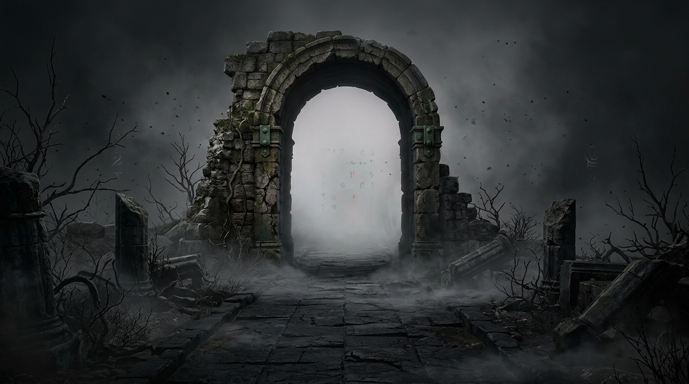 A broken archway and a path disappearing into pale mist